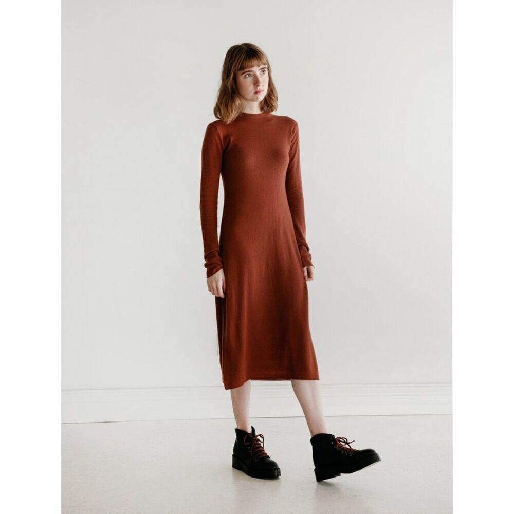 NWOT AURALEE Super Soft Wool Long Sleeve Mock Neck Midi Dress in Red Brown SZ 0